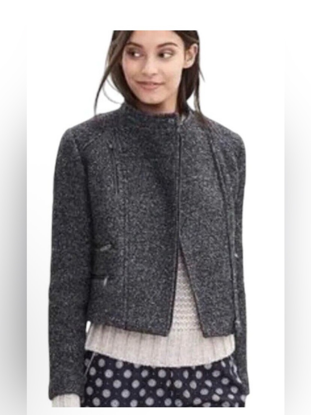 Banana Republic Cropped Wool Bouclé Moto Jacket | Charcoal Gray | Size 8